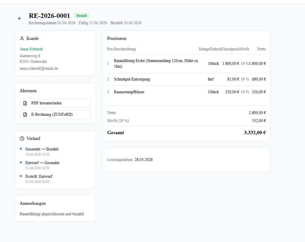 Werkheft Rechnungsansicht mit ZUGFeRD-Download-Button